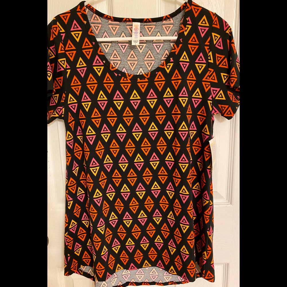 LuLaRoe Green Orange Geometric Print Classic T-shirt Polyester Spandex 6-8